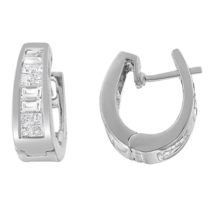 14K White Gold Princess and Baguette-Cut Diamond Long Hoop Earrings(0.50 cttw,I-J Color,VS1-VS2 Clarity)