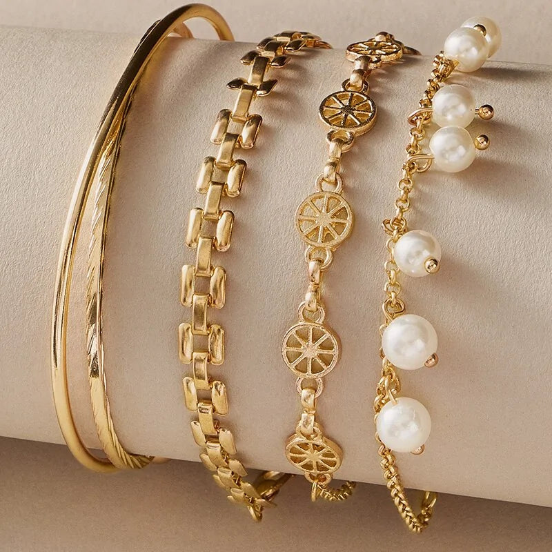 4-Piece Bohemian Pearl and Lemon Bracelet Set