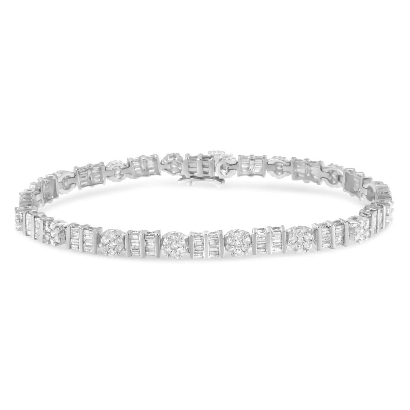 14K Gold 3-3/8 Cttw Round & Baguette-Cut Diamond Cluster Alternating Station 7" Tennis Bracelet (H-I Color, I1-I2 Clarity)