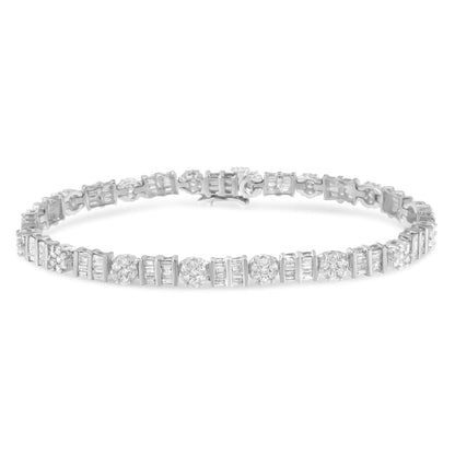 14K Gold 3-3/8 Cttw Round & Baguette-Cut Diamond Cluster Alternating Station 7" Tennis Bracelet (H-I Color, I1-I2 Clarity)