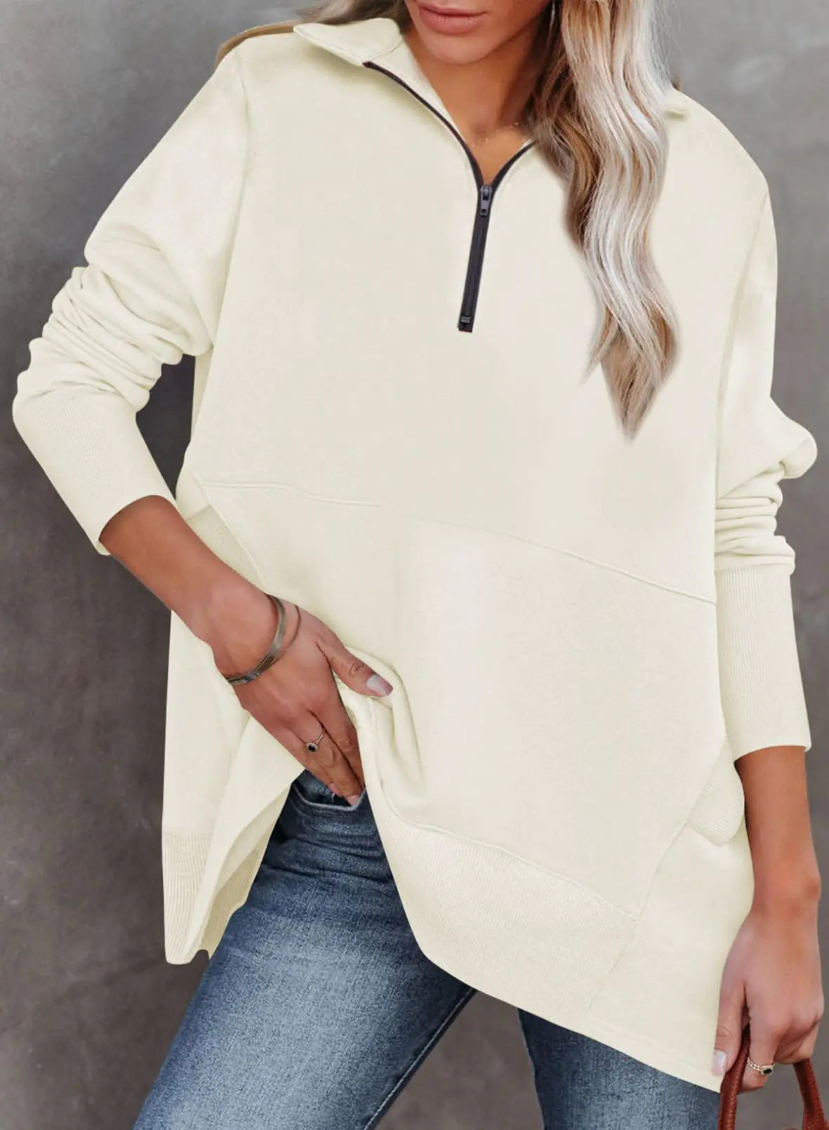 Dokotoo Dame Casual Oversized Half Zip Sweaters Langermet Ensfarget Pullover Jakker med lommer Medium Beige