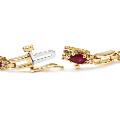 10K Yellow Gold Oval Ruby and 1/10 Cttw Diamond Bar Prong Set Bracelet (H-I Color, SI1-SI2 Clarity)  - Size 7"