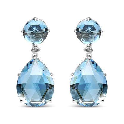 18K White Gold 1/5 Cttw Diamond with Round London Blue Topaz and 20 x 15mm Pear Cut Sky Blue Topaz Gemstone Dangle Earring (G-H Color, SI1-SI2 Clarity)