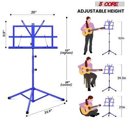 Soporte de Música 5Core para Partituras Portátil Tripé Ajustável Dobrável Porta-Notas AZUL