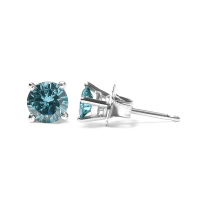 14K Gold 1/2 Cttw Aqua Blue Diamond Screw-Back 4-Prong Classic Stud Earrings (Color Treated, I2-I3)