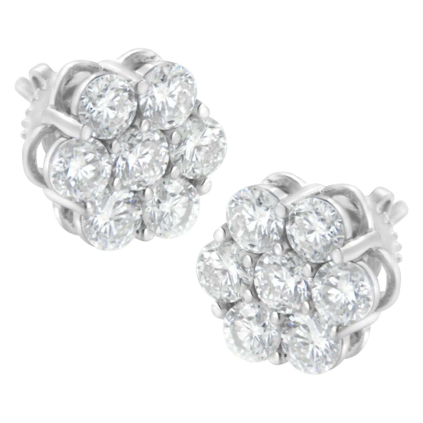 Aretes de oro blanco de 14 quilates con diamantes redondos de talla brillante de 2,0 quilates y cierre de rosca en racimo floral (color HI, claridad SI2-I1)