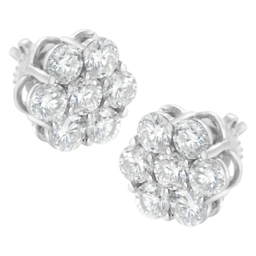 Aretes de oro blanco de 14 quilates con diamantes redondos de talla brillante de 2,0 quilates y cierre de rosca en racimo floral (color HI, claridad SI2-I1)