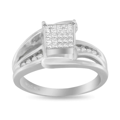 10K White Gold 1/3 Cttw Invisible Set Princess-cut Diamond Cluster Bypass Ring (H-I Color, SI1-SI2 Clarity)