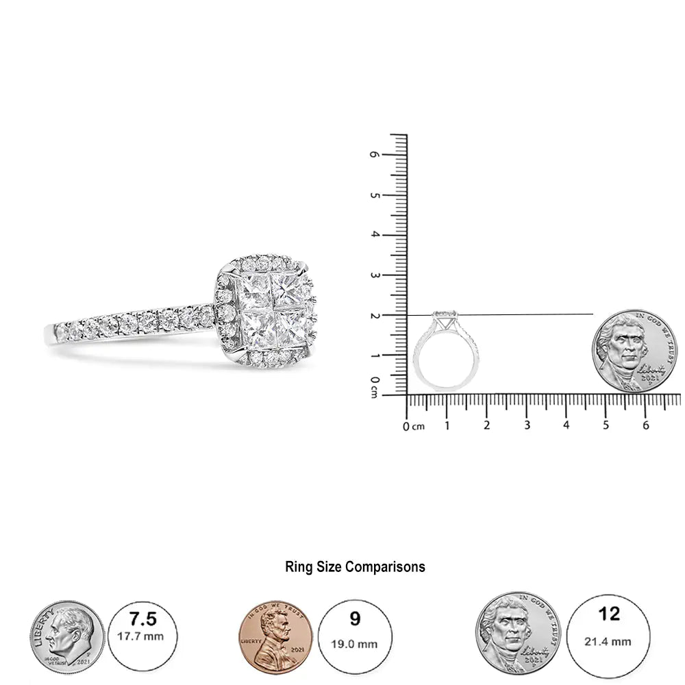 Anillo de compromiso de oro blanco de 14 quilates con diamantes princesa de talla cojín de 1,00 quilates, engastado invisible (color HI, claridad I1-I2)