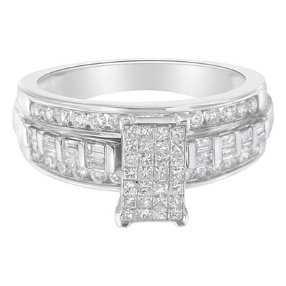 14K White Gold 1.0 Cttw Mixed-Cut Diamond Rectangle Invisible-Set Composite Cluster Ring with Bar- and Channel-Set Band (H-I Color, SI2-I1 Clarity)