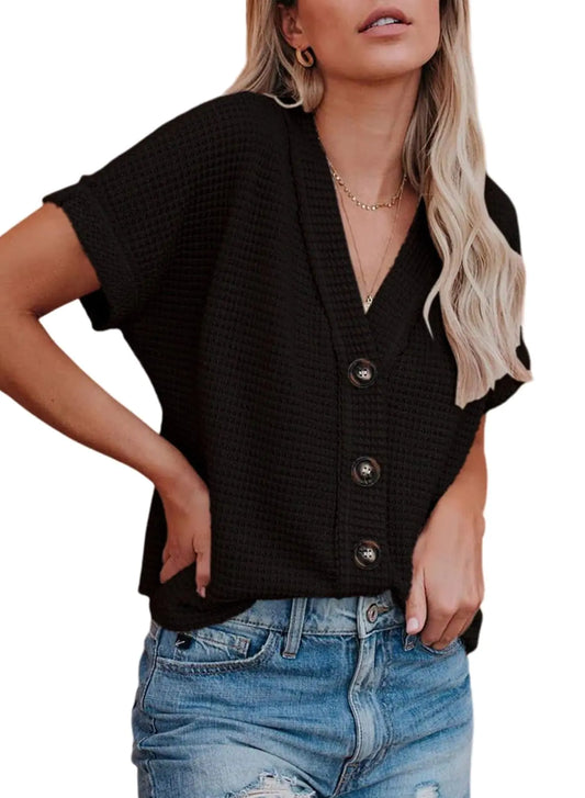 Dokotoo Womens Summer Tops 2024 Waffle Knit Button Down Shirts Casual V Neck Short Sleeve Shacket Jacket Dressy Blouses X-Large Black