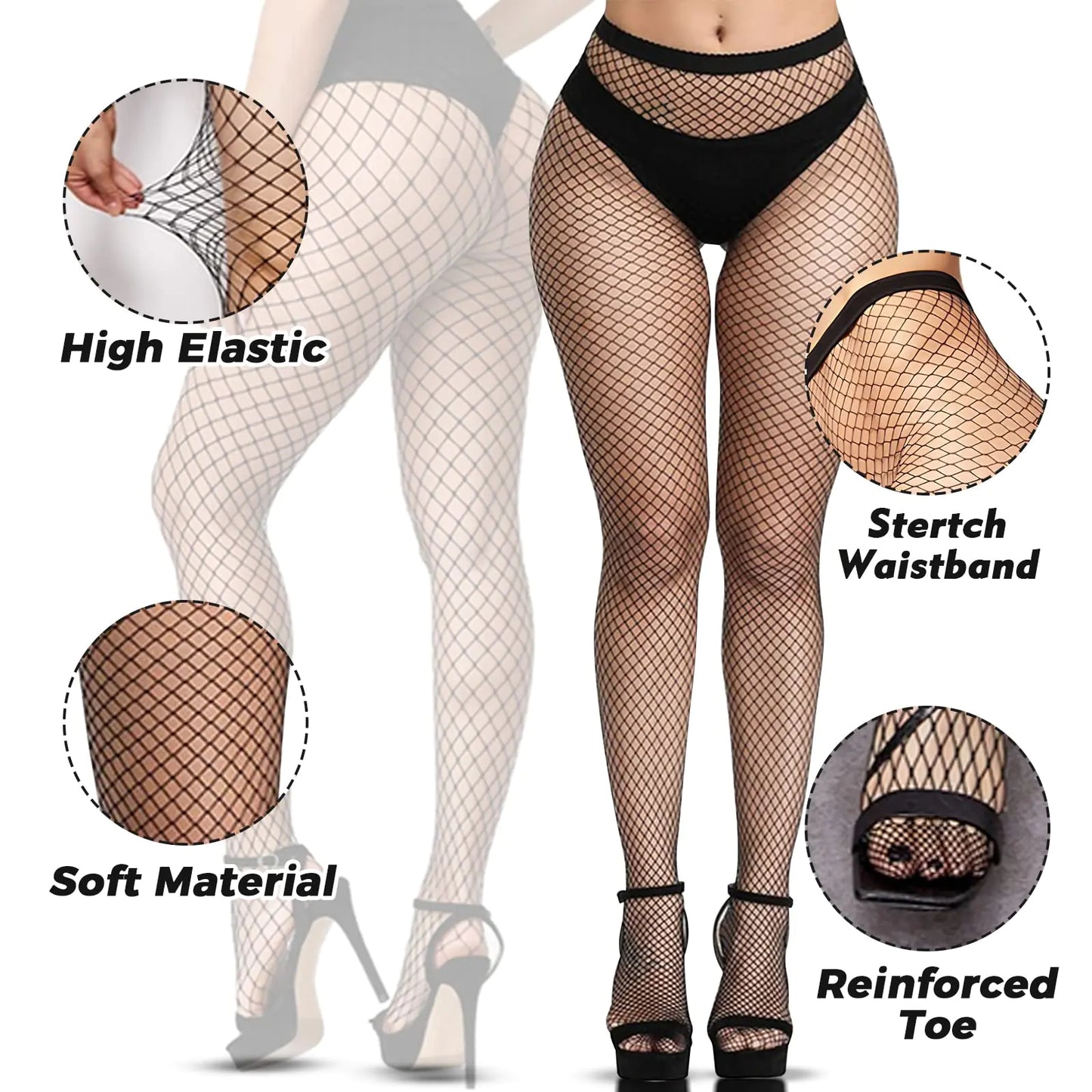 Buauty Fishnet Stockings for Women, High Waisted Fishnet Tights Black Fishnets for Halloween One Size Black-6pcs