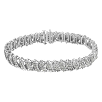 Pulsera de tenis de plata de ley 925 con eslabones ondulados inclinados de 18 cm y 3,0 quilates de diamantes en racimo de varias filas (color IJ, claridad I2-I3)