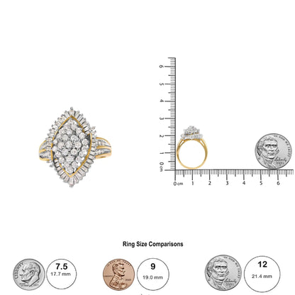 10K Yellow Gold 1.0 Cttw Round and Baguette-Cut Diamond Cluster Ring (I-J Color, SI2-I1 Clarity)