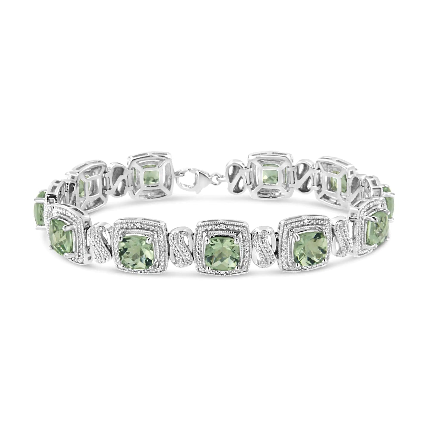 .925 Sterling Silver 7x7 mm Cushion Cut Green Amethyst and 1/10 cttw Single Cut Diamond Square Shape Tennis Bracelet (I-J Color, I1-I2 Clarity) - 7"