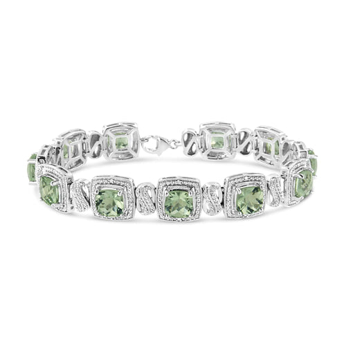 Pulsera de tenis de plata de ley 925 con amatista verde de talla cojín de 7 x 7 mm y diamante de talla única de 1/10 ct. de forma cuadrada (color IJ, claridad I1-I2) - 18 cm