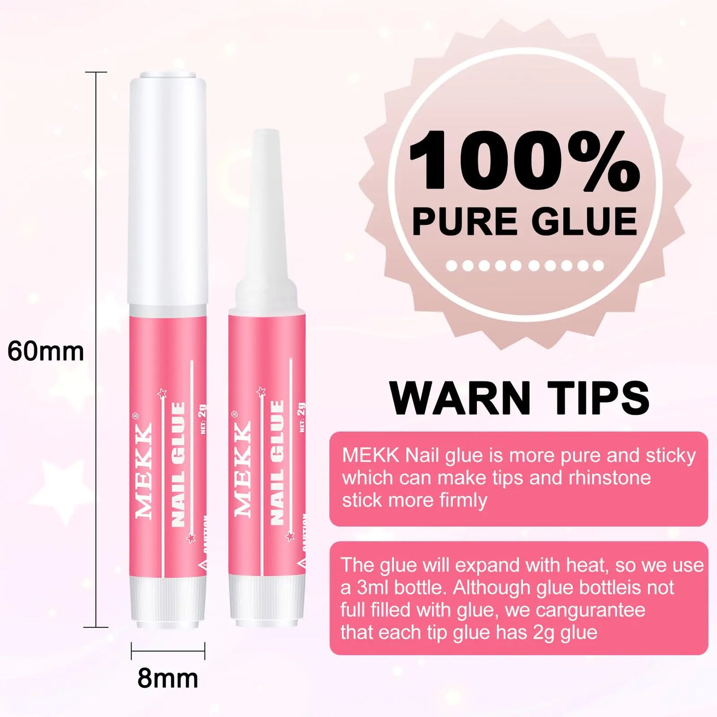 MEKK Nail Glue,Super Strong Nail Glue for Acrylic Nails,Long Lasting Nail Glue for Press Ons,Professional Nail Tip Glue Nail Tech Supplies Adhesive Press On Nail Glue for Nail Tips 0.07OZ/PCS(24PCS) B-Pink