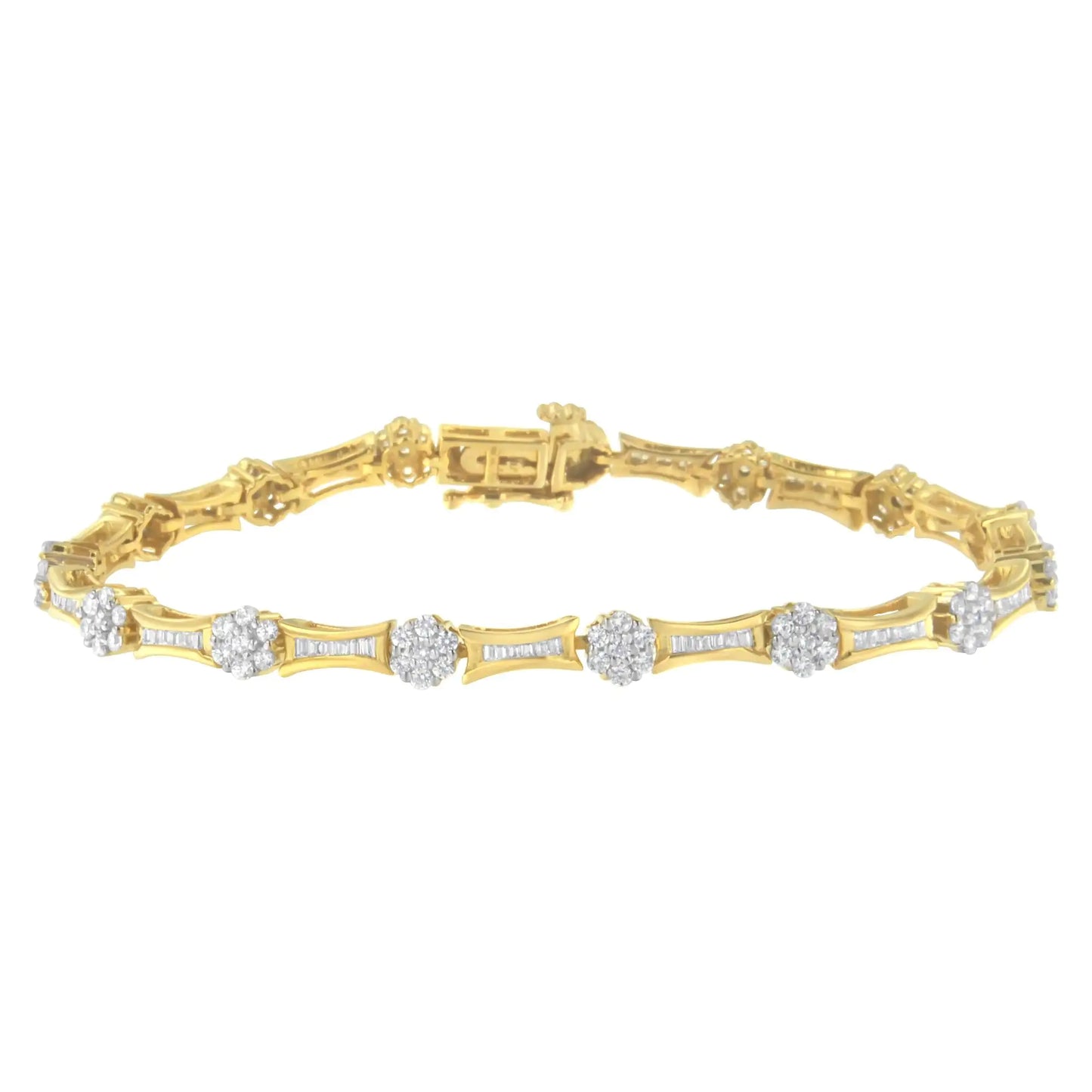 Pulsera de oro amarillo y blanco de 10 quilates con eslabones de diamantes redondos y talla baguette de 2,00 cts (color IJ, claridad I2-I3) - Talla 7,25"