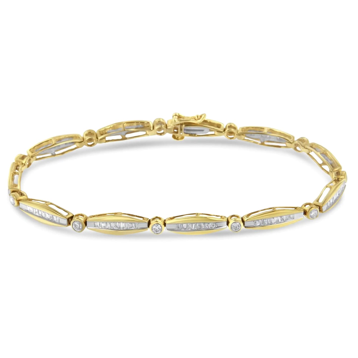 Pulsera de tenis de oro amarillo de 14 quilates con bisel de diamantes redondos de talla brillante y baguette de 1 1/2 quilates y eslabones cónicos de 18 cm (color HI, claridad I1-I2)