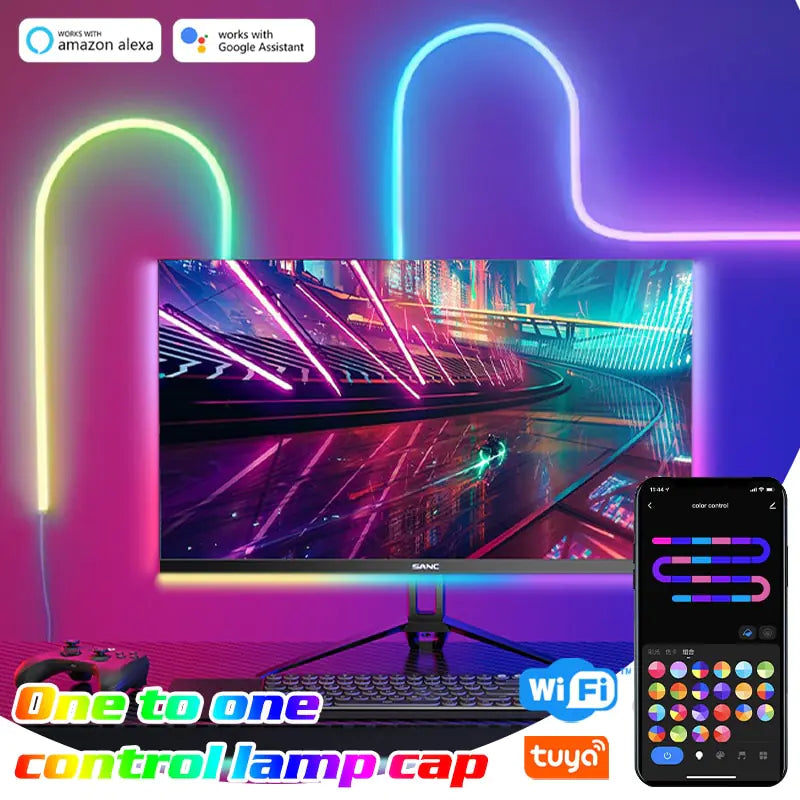 Barra de Luz Neon LED RGB 与 WiFi、App 和 Voz 控制、音乐功能 – 电视照明和环境装饰的理想选择