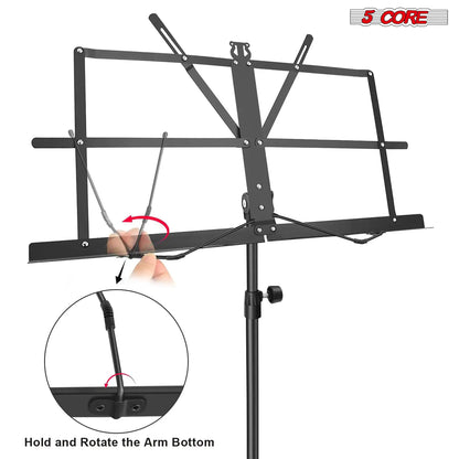 Soporte de Música 5Core Para Partituras Portátil Tripé Ajustável Dobrável com Luz Soporte para Notas PRETO