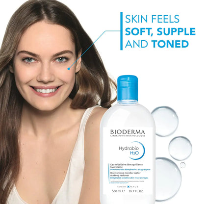 Bioderma - Hydrabio H2O Micellar Water - Ansiktsrens og makeupfjerner - Micellar rensevann for dehydrert sensitiv hud 33,4 Fl Oz (pakke med 1)