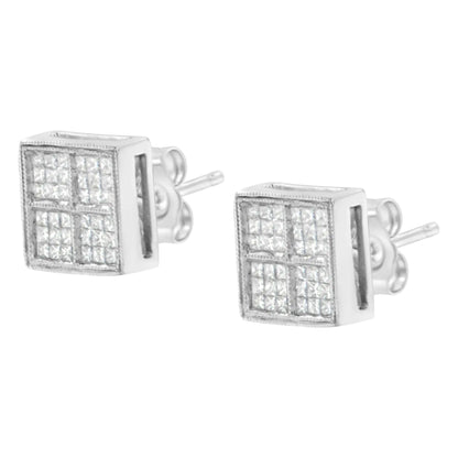 Aretes de oro blanco de 14 quilates con diamantes princesa de 1/2 ct y forma de caja milgrain (color HI, claridad SI1-SI2)