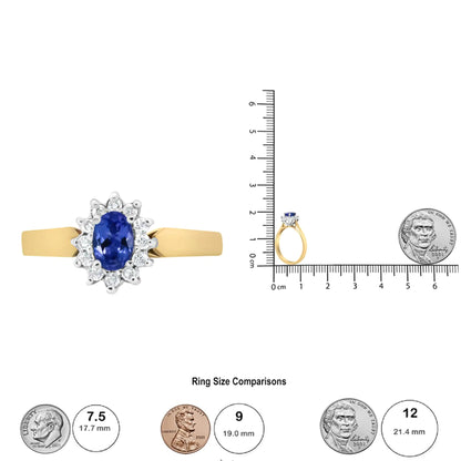 14K gult gull 1/5 Cttw rund diamant og 6x4 mm oval blå tanzanite Halo-ring (HI-farge, I1-I2-klarhet)