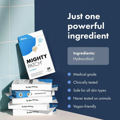 Hero Cosmetics Mighty Patch™ Invisible+ Patch - Hydrokolloid akne-kviselapper på dagtid for å dekke riper og urenheter, Ultratynne klistremerker for ansikt og hud, Vegansk-vennlig (39 Count) 39 Count (Pakke med 1) Pakke med usynlige aknelapper