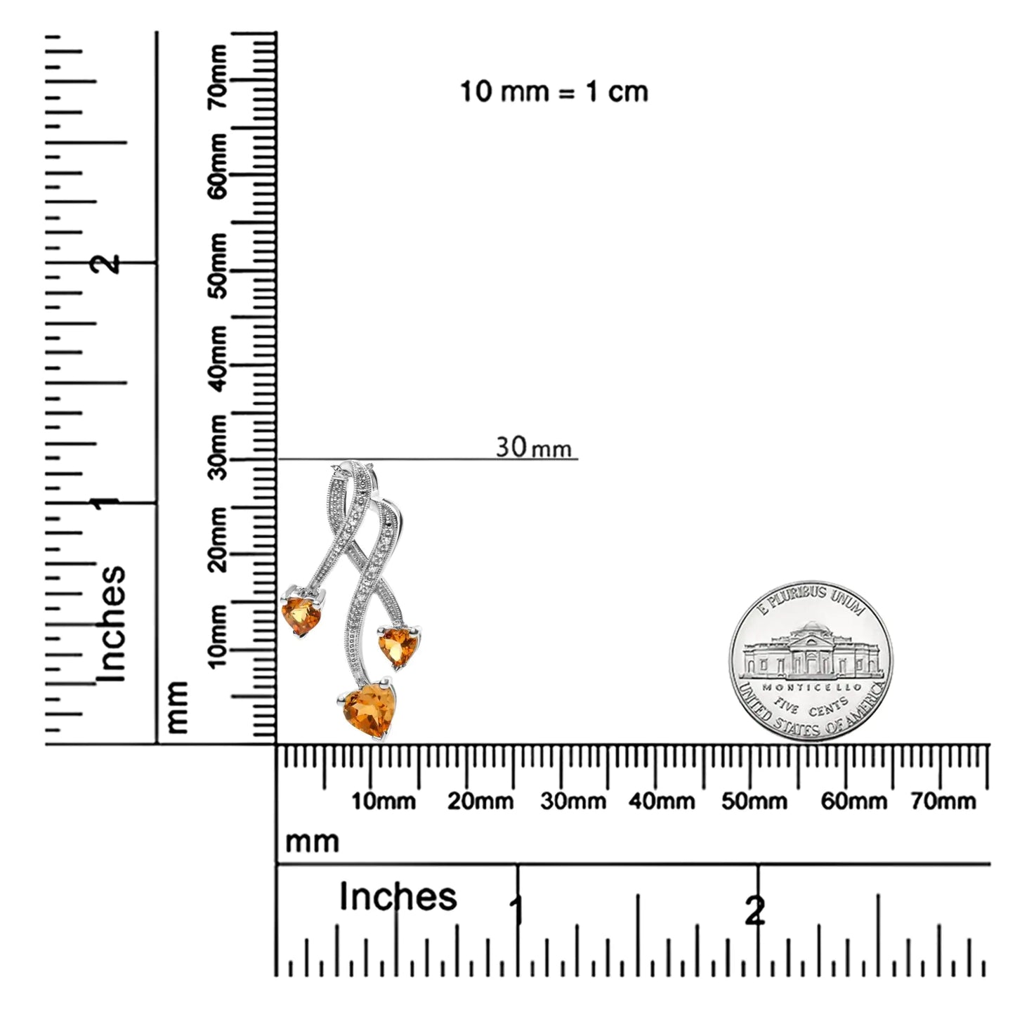 .925 Sterling hõbedane 3 kivist südamekujuline tsitriin ja teemant, 18-tolline ripatsiga kaelakee (HI Color, SI1-SI2 Clarity)