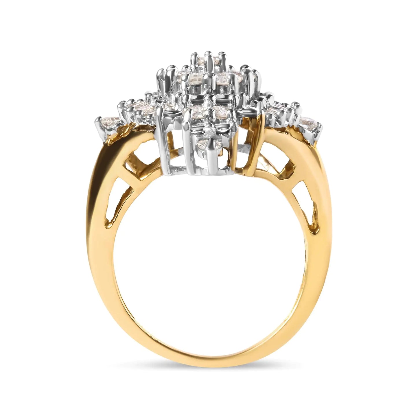 10K Yellow Gold 1 Cttw Round and Baguette cut Diamond Cluster and Rhombus Halo Ring (H-I Color, I1-I2 Clarity)