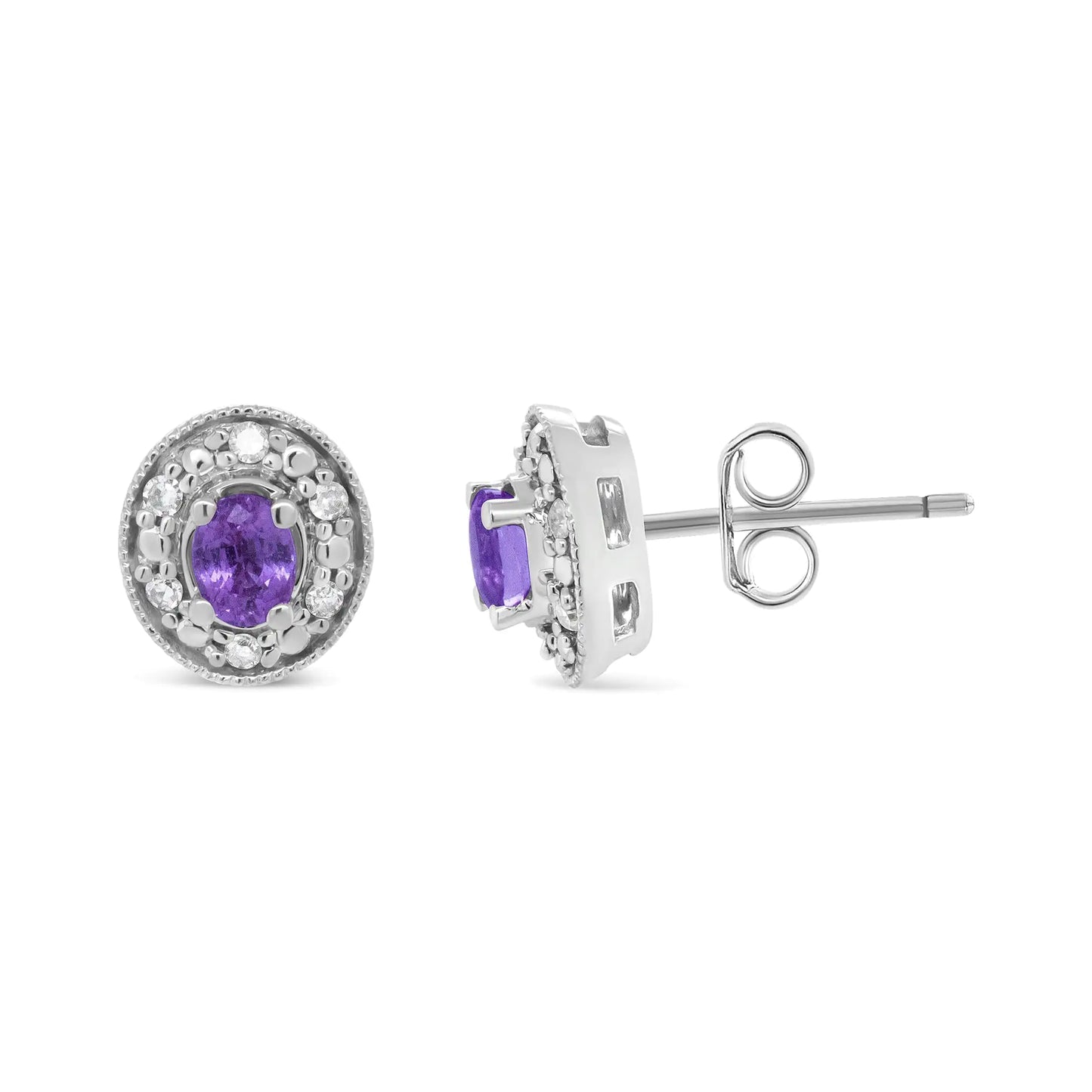 14K White Gold 4x3mm Round Pink Sapphire and 1/10 Cttw Round Diamond Halo Stud Earrings - (I-J Color, SI1-SI2 Clarity)