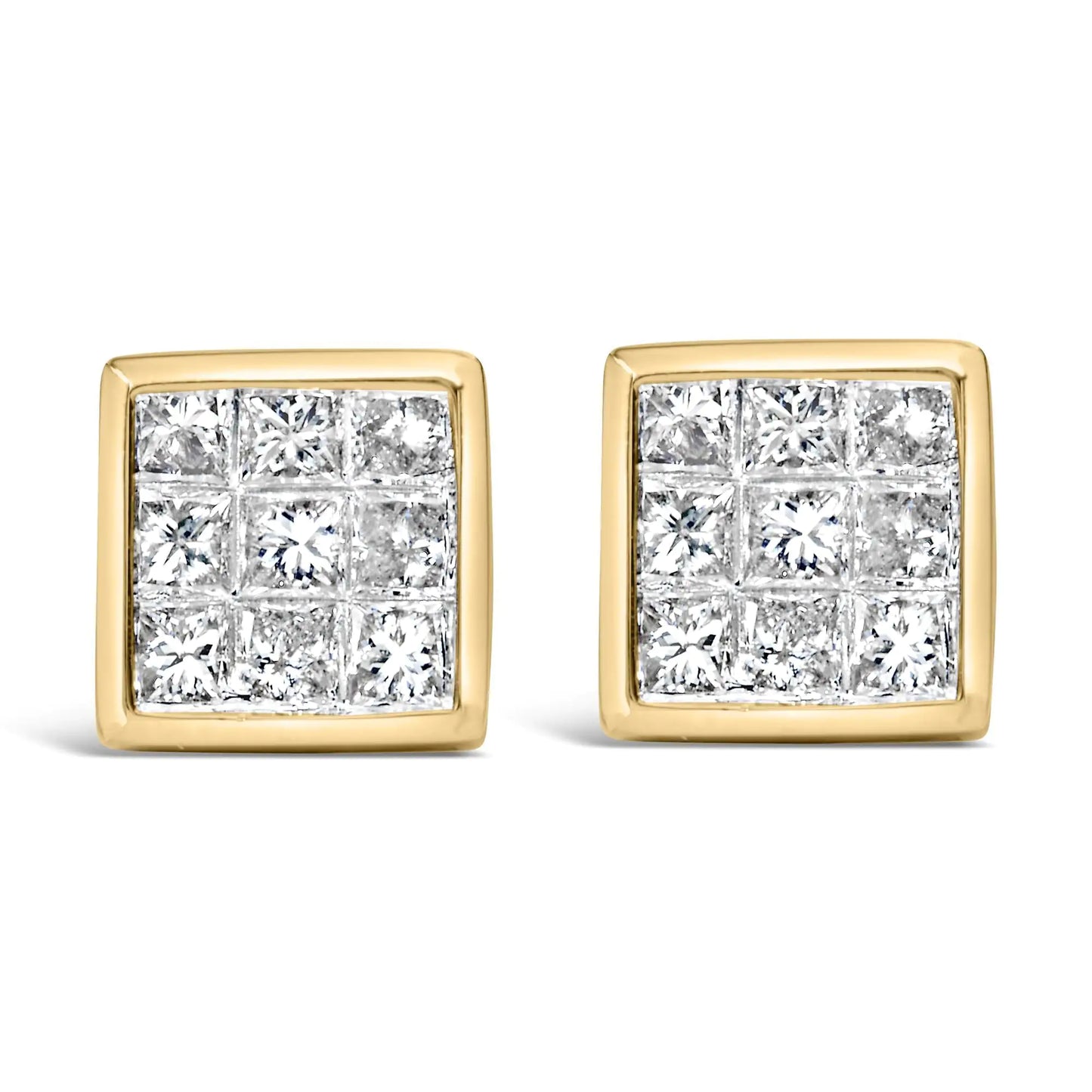 Aretes de oro amarillo de 14 quilates con diamantes de talla princesa de 1,0 ct y cierre de rosca (color JK, claridad SI1-SI2)