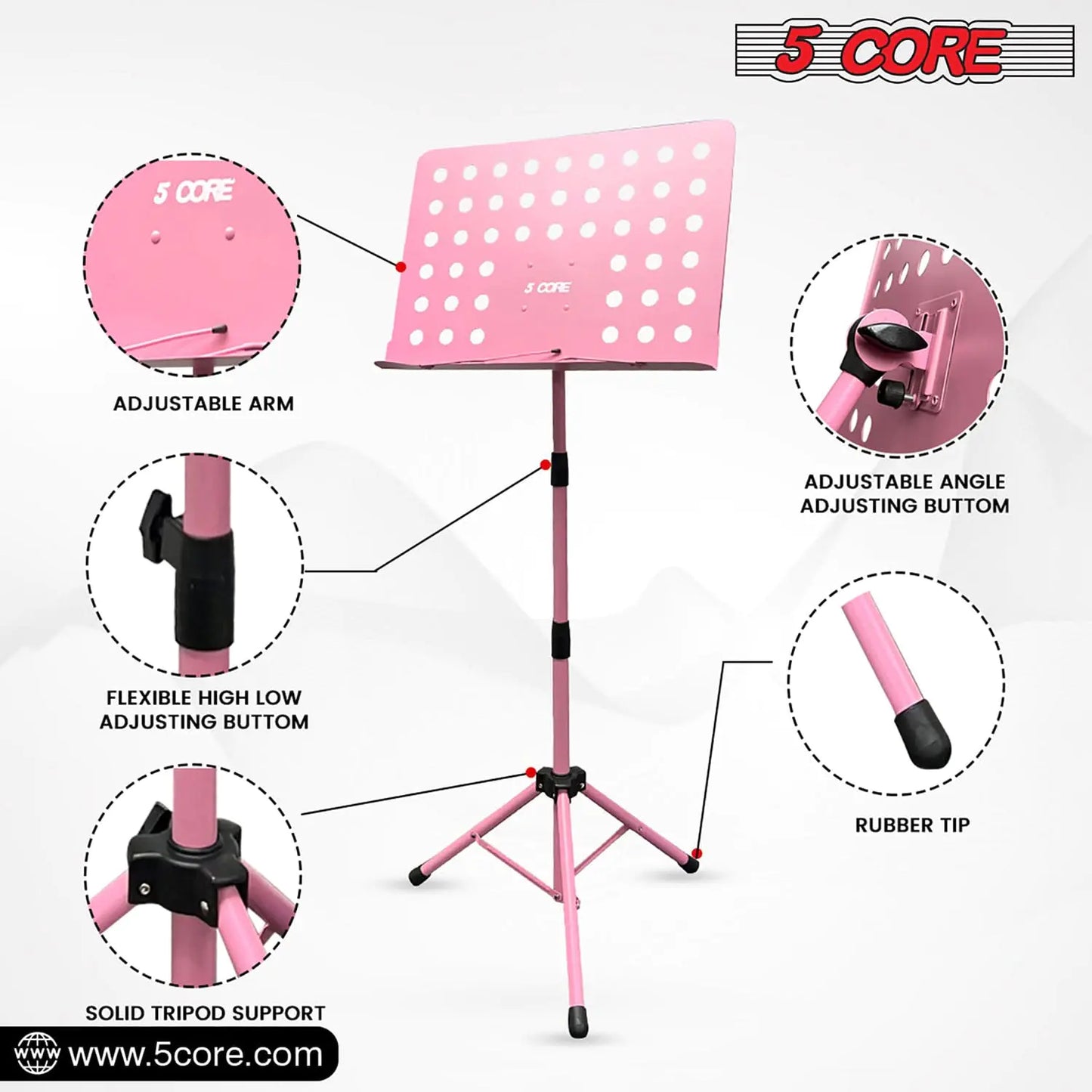 Soporte para Música 5Core para Partituras, Tripé Portátil Ajustável e Dobrável, Soporte para Notas, ROSA 