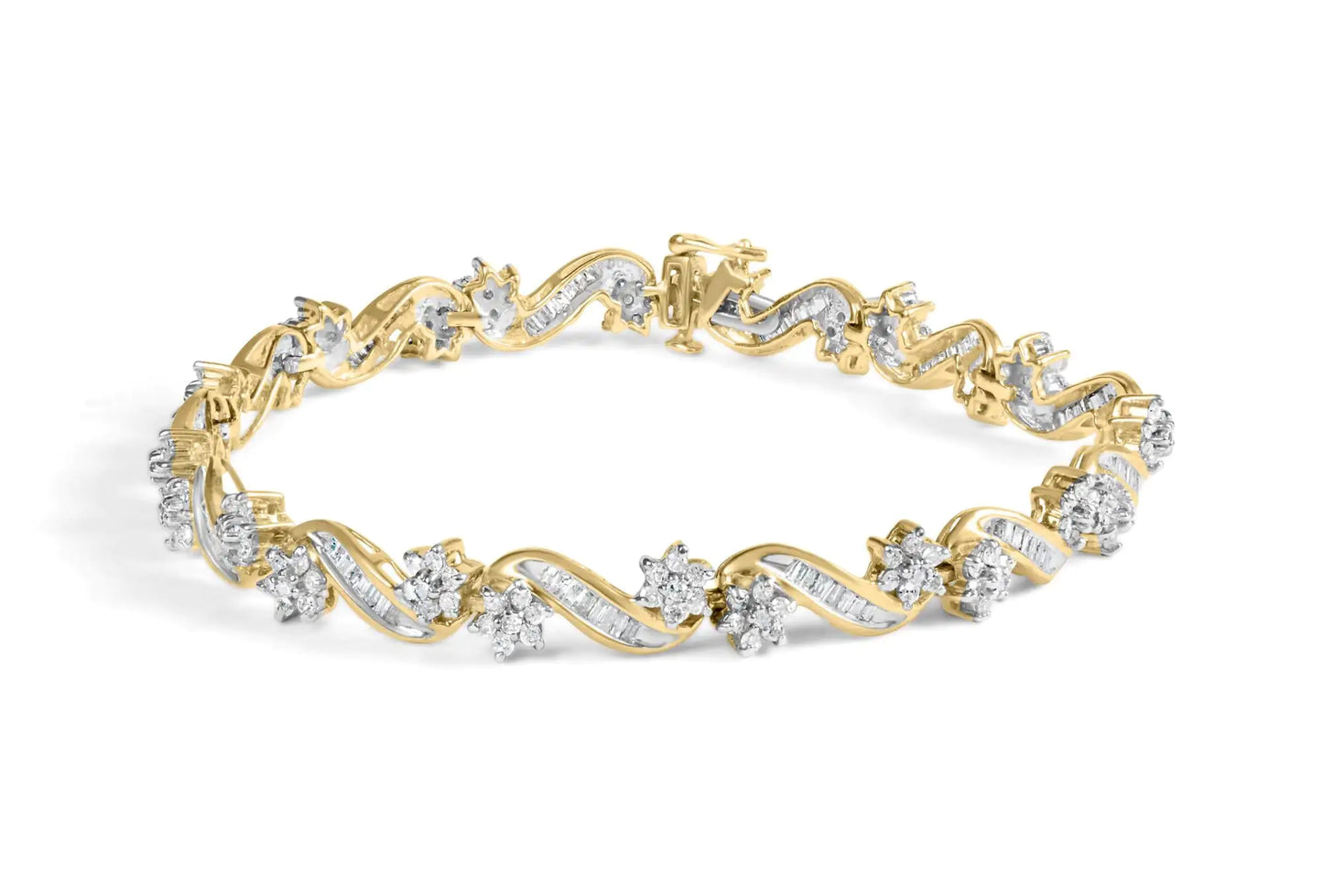 10k Yellow Gold 3.00 Cttw Round-Cut and Baguette-Cut Floral Link 7.25" Bracelet (I-J Color, I1-I2 Clarity)