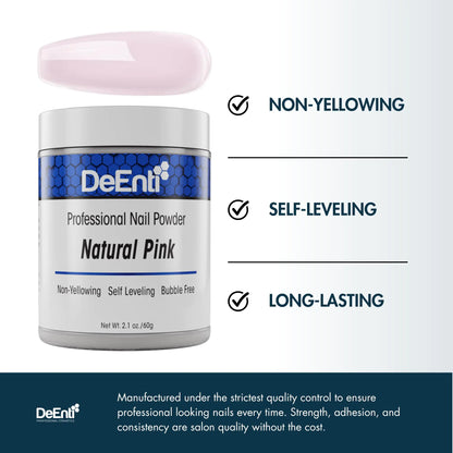 DeEnti akryl neglepulver, 2 oz naturlig rosa akryl pulver dip for negler, blandet pulver klar og rosa blanding, langvarig salongkvalitet, boblefritt profesjonelt neglepulver for manikyr neglekunst 2 unse