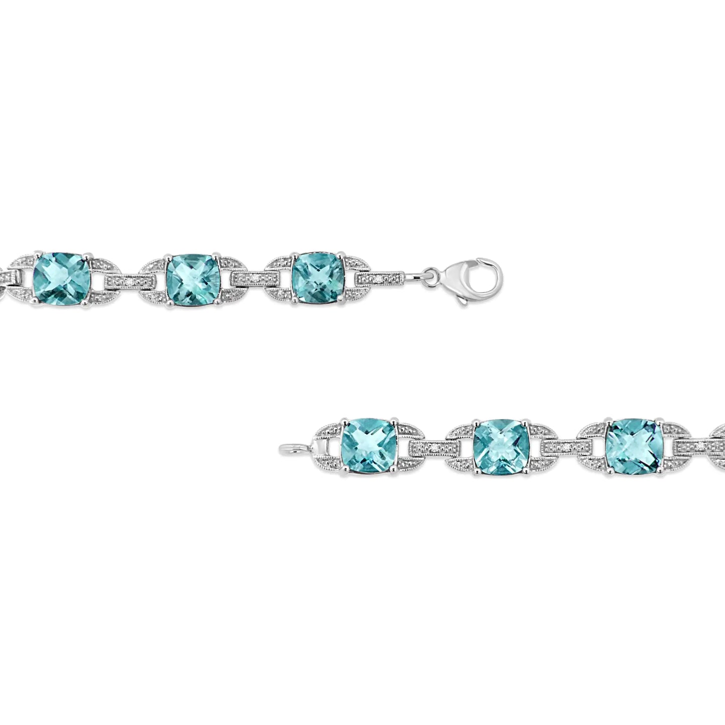 Pulsera de tenis de moda en plata de ley 925 con topacio azul de talla cojín de 7 x 7 mm y diamantes de talla redonda de 1/20 ct (color IJ, claridad I1-I2) - 18 cm