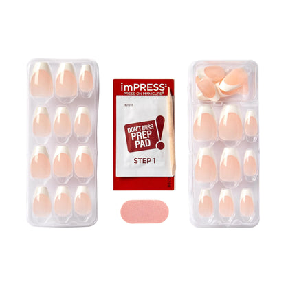 KISS imPRESS No Glue Mani Press-On Nails, French, 'Ideal', Light Neutral + White Tip French, Medium Size, Coffin Shape, Includes 30 Nails, Prep Pad, Instructions Sheet, 1 Manicure Stick, 1 Mini File Ideal