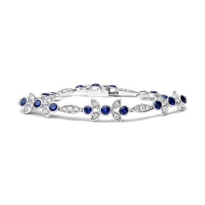 18K White Gold 1 3/4 Cttw Diamond and 3x3mm Round Blue Sapphire Gemstone Floral Link Bracelet (G-H Color, SI1-SI2 Clarity) - Size 7"