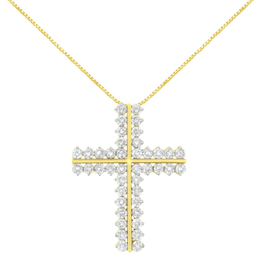 10K Yellow Gold 4.0 Cttw Diamond Two Row Cross 18" Pendant Necklace (J-K Clarity, I1-I2 Color)