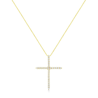 10K Yellow Gold Plated .925 Sterling Silver 3.0 Cttw Prong-Set Round Brilliant Cut Diamond Cross 18" Pendant Necklace (J-K Color, I1-I2 Clarity)