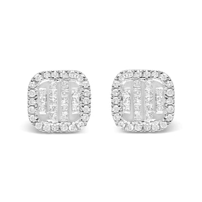 10K White Gold 7/8 Cttw Diamond Princess Composite and Halo Stud Earrings (I-J Color, I1-I2 Clarity)