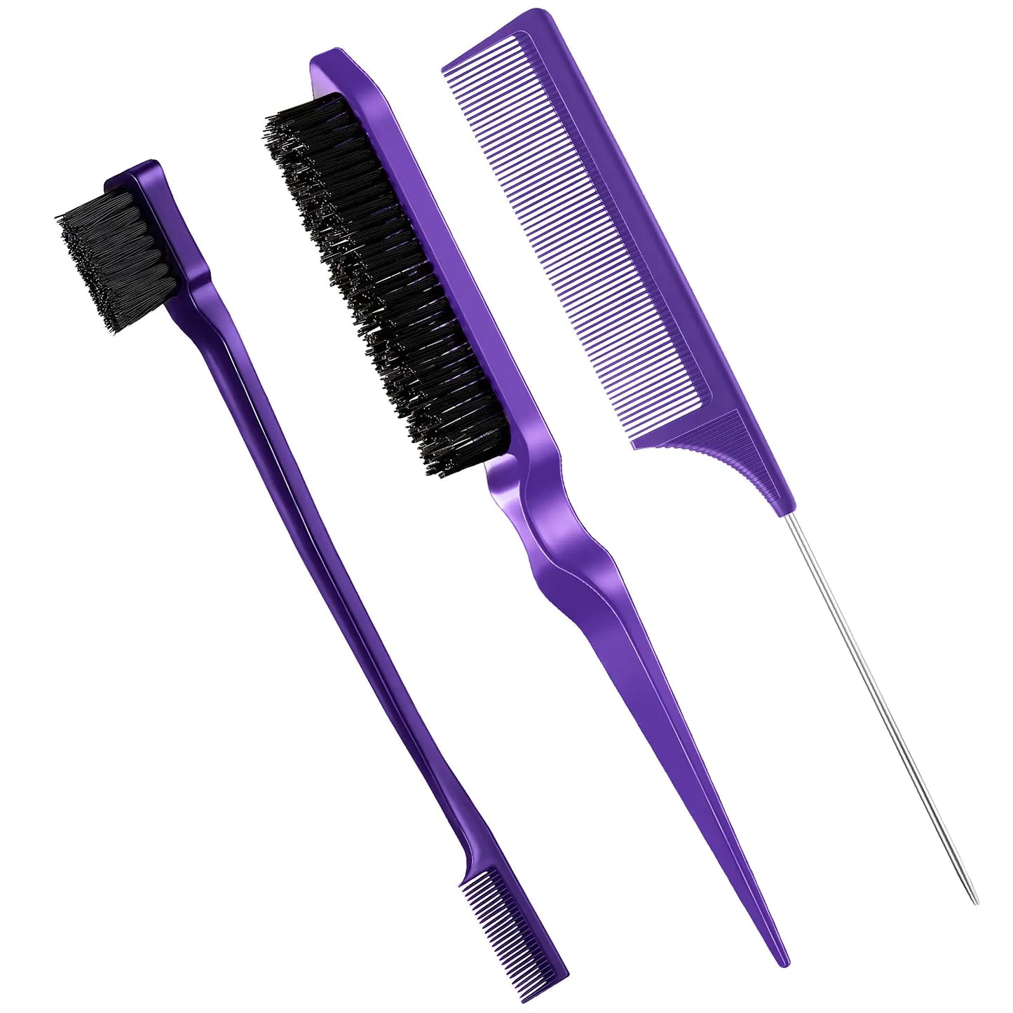 Geiserailie 3 Pcs Slick Back Hair Brush Set Bristle Hair Brush Edge Control Brush Teasing Comb for Women Black Hair(Purple) Purple