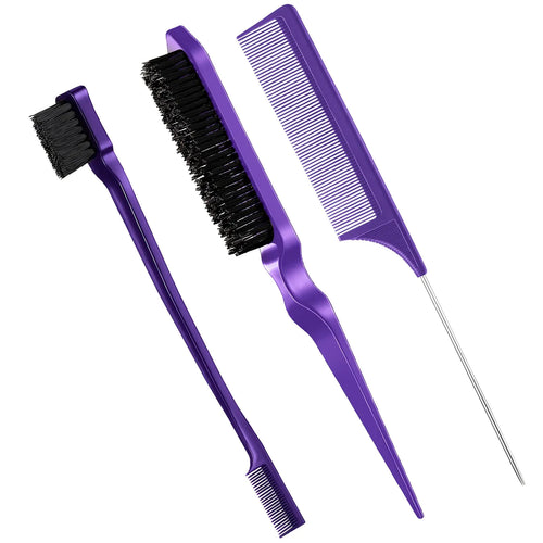 Geiserailie 3 Pcs Slick Back Hair Brush Set Bristle Hair Brush Edge Control Brush Teasing Comb for Women Black Hair(Purple) Purple