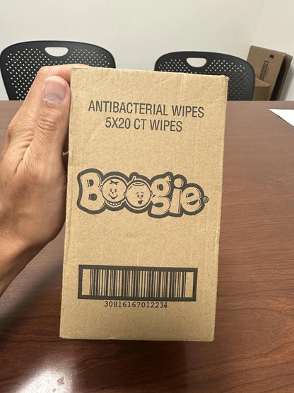 Antibacterial Hand Wipes by Boogie, Alcohol Free, Hypoallergenic and Moisturizing Aloe, Hand Wipes for Kids and Adults, 5 Packs of 20 (100 Total Wipes)