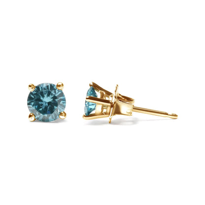 14K Gold 1/2 Cttw Aqua Blue Diamond Screw-Back 4-Prong Classic Stud Earrings (Color Treated, I2-I3)