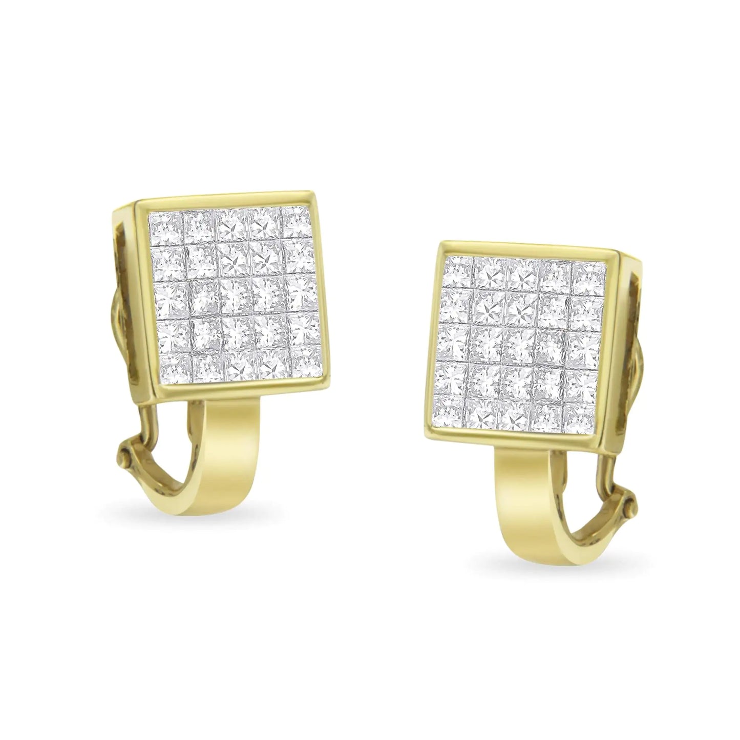 14K gult gull 3-1/5 Cttw Princess Cut Diamond ¾ Square Invisible Sett Grid Huggy Style Omega Back Stud øredobber (GH Color, VS1-VS2 Clarity)