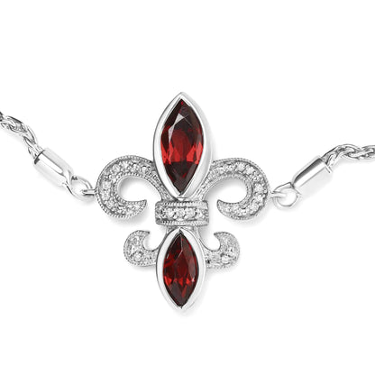 .925 Sterling Silver Marquise Granaat ja Diamond Accent Lariat 4”–10” Fleur De Lis reguleeritav Bolo käevõru (HI Color, SI1-SI2 Clarity)