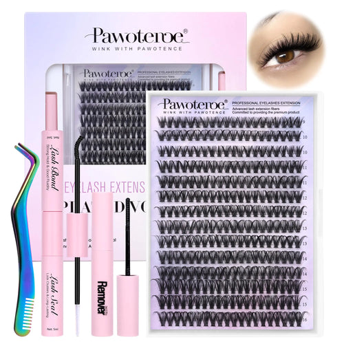 Pawotence Lash Extension Kit DIY 280stk Individuelle vippeklynger Kit 9-16mm 40D Cluster Vippeforlengelsessett med vippebinding og forsegling, vippefjerner, vippepinsett for selvbruk (40D, 9-16mm, alle sett) 40D KIT all prestisje