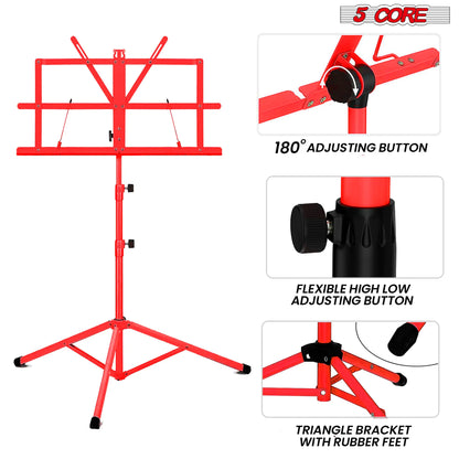 Soporte para Música 5Core para Partituras, Portátil, Tripé Ajustável e Dobrável com Porta-notas VERMELHO